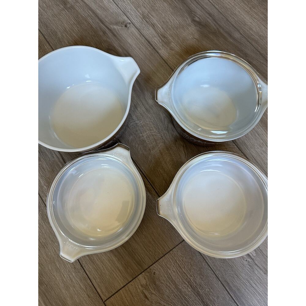 Vintage Pyrex Woodland Set Casserole Dishes 471-B, 472-B, 473-B 474-B - Picture 3 of 16